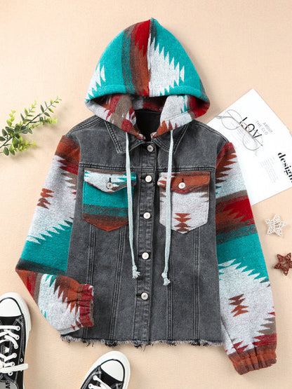 Jackets- Washed Denim Aztec Print Hooded Shacket | Distressed Denim Hoodie Jacket- - IndioGear Fashion and Gear