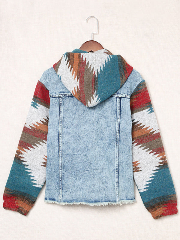 Jackets- Washed Denim Aztec Print Hooded Shacket | Distressed Denim Hoodie Jacket- - IndioGear Fashion and Gear