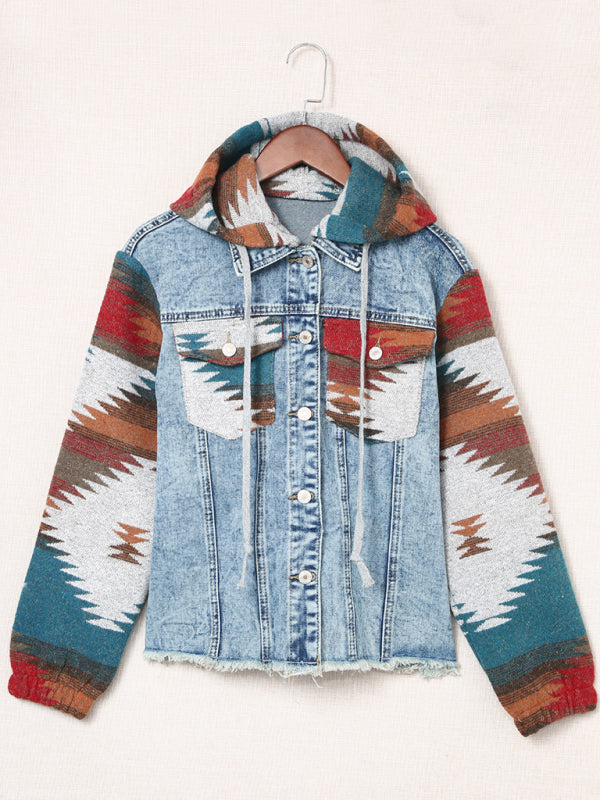 Jackets- Washed Denim Aztec Print Hooded Shacket | Distressed Denim Hoodie Jacket- - IndioGear Fashion and Gear