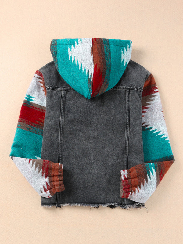 Jackets- Washed Denim Aztec Print Hooded Shacket | Distressed Denim Hoodie Jacket- - IndioGear Fashion and Gear