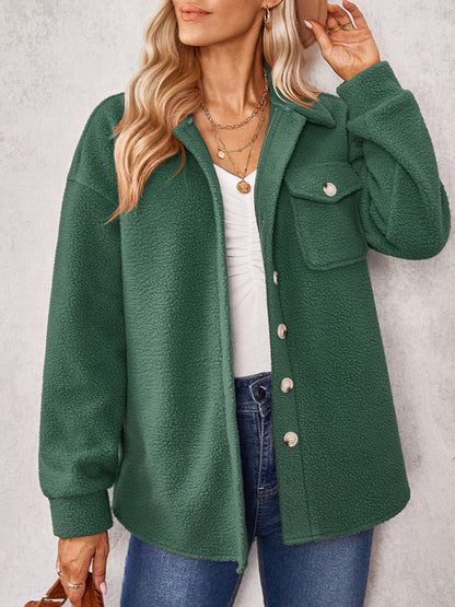 Jackets- Winter Essential: Faux Fur Fabric, Side Flap Pocket, Plush Jacket- Dark green- Pekosa Women Clothing