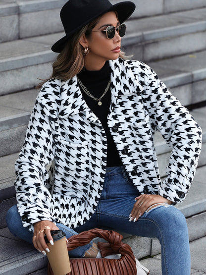 Jackets- Winter Essential: Women's Plush Fleece Houndstooth Jacket- White- IndioGear Clothing and Gear