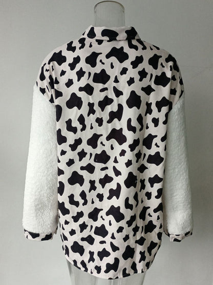 Jackets- Winter Plush Collared Shacket | Cozy Animal Print Patched Shirt Jacket- - IndioGear Fashion and Gear