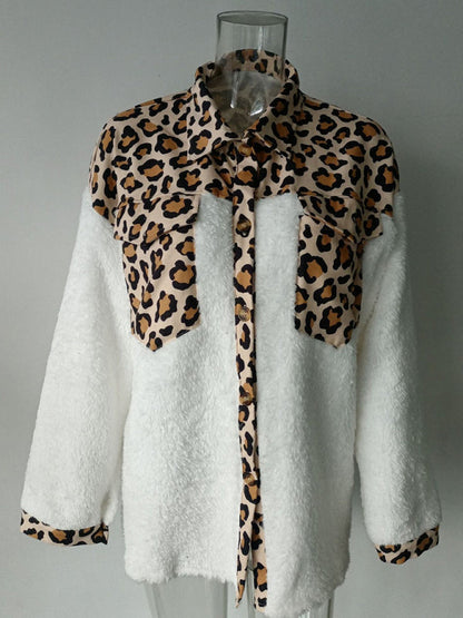 Jackets- Winter Plush Collared Shacket | Cozy Animal Print Patched Shirt Jacket- - IndioGear Fashion and Gear