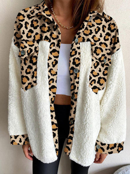 Jackets- Winter Plush Collared Shacket | Cozy Animal Print Patched Shirt Jacket- Pattern1- IndioGear Fashion and Gear