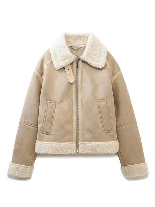 Jackets- Women's Aviator Jacket in Faux Lamb Wool & Suede Leather- Cracker khaki- IndioGear Fashion and Gear