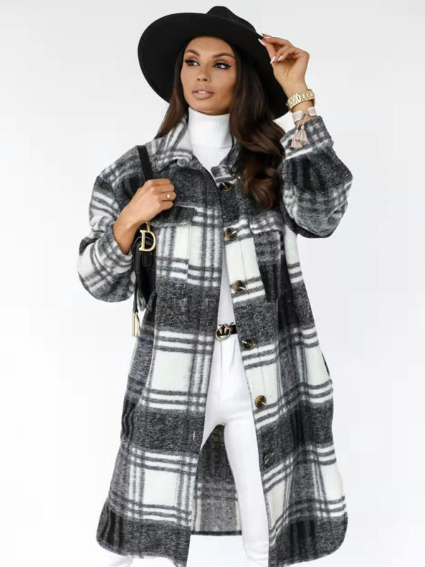 Jackets- Wool Checked Coat - Thick Fabric Plaid Long Jacket- - Pekosa Women Clothing