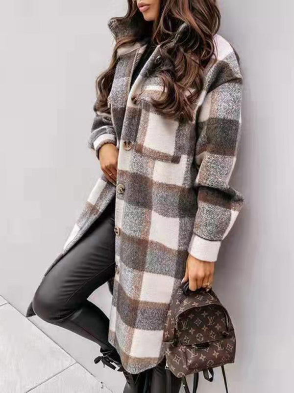 Jackets- Wool Checked Coat - Thick Fabric Plaid Long Jacket- - Pekosa Women Clothing