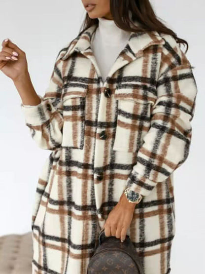 Jackets- Wool Checked Coat - Thick Fabric Plaid Long Jacket- Cream- Pekosa Women Clothing