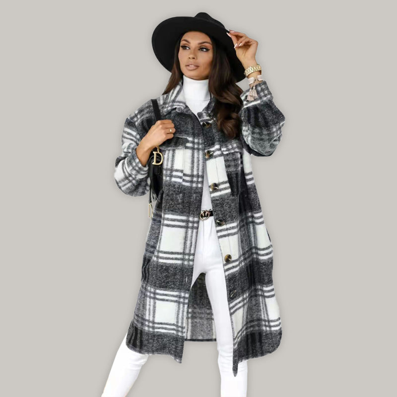 Jackets- Wool Checked Coat - Thick Fabric Plaid Long Jacket- Black- Pekosa Women Clothing