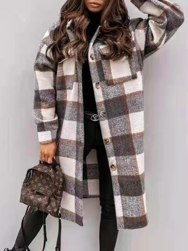 Jackets- Wool Checked Coat - Thick Fabric Plaid Long Jacket- - Pekosa Women Clothing