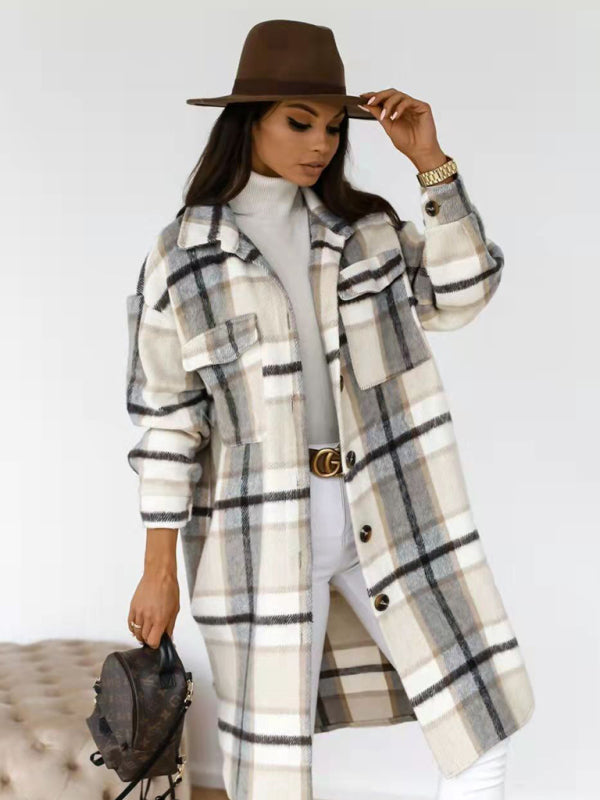 Jackets- Wool Checked Coat - Thick Fabric Plaid Long Jacket- - Pekosa Women Clothing