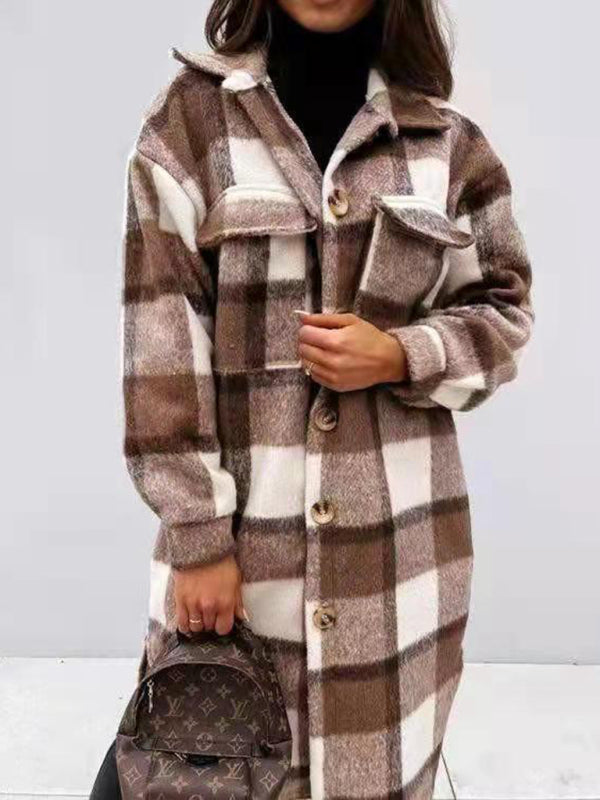 Jackets- Wool Checked Coat - Thick Fabric Plaid Long Jacket- - Pekosa Women Clothing