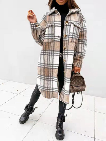 Jackets- Wool Checked Coat - Thick Fabric Plaid Long Jacket- Khaki- Pekosa Women Clothing