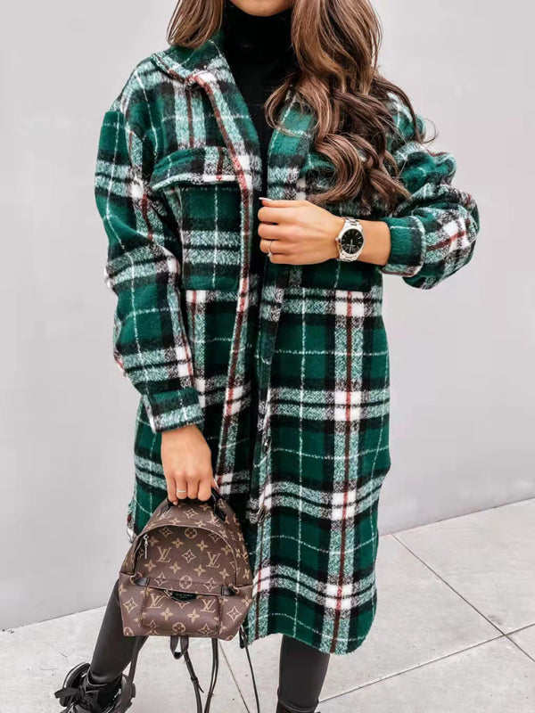 Jackets- Wool Checked Coat - Thick Fabric Plaid Long Jacket- - Pekosa Women Clothing