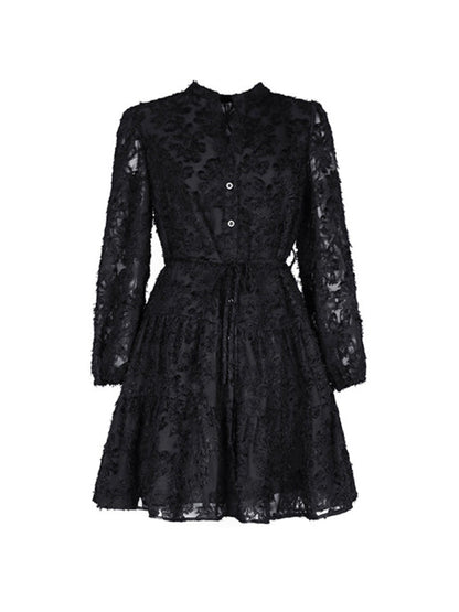 Jacquard Dresses- Jacquard Tiered Button Flounce Sleeve Belted Dress- - IndioGear Fashion and Gear