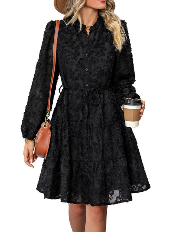 Jacquard Dresses- Jacquard Tiered Button Flounce Sleeve Belted Dress- - IndioGear Fashion and Gear