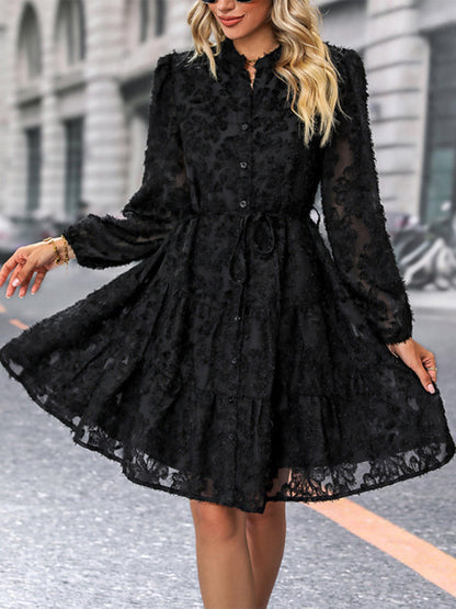 Jacquard Dresses- Jacquard Tiered Button Flounce Sleeve Belted Dress- - IndioGear Fashion and Gear