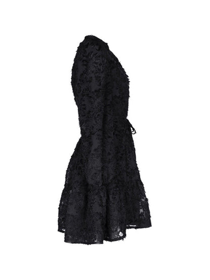 Jacquard Dresses- Jacquard Tiered Button Flounce Sleeve Belted Dress- - IndioGear Fashion and Gear