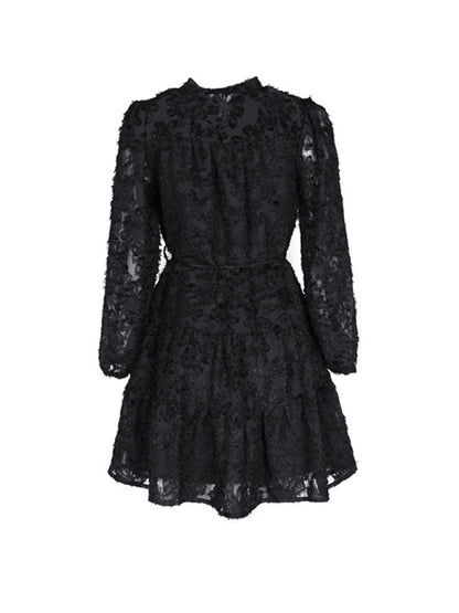 Jacquard Dresses- Jacquard Tiered Button Flounce Sleeve Belted Dress- - IndioGear Fashion and Gear