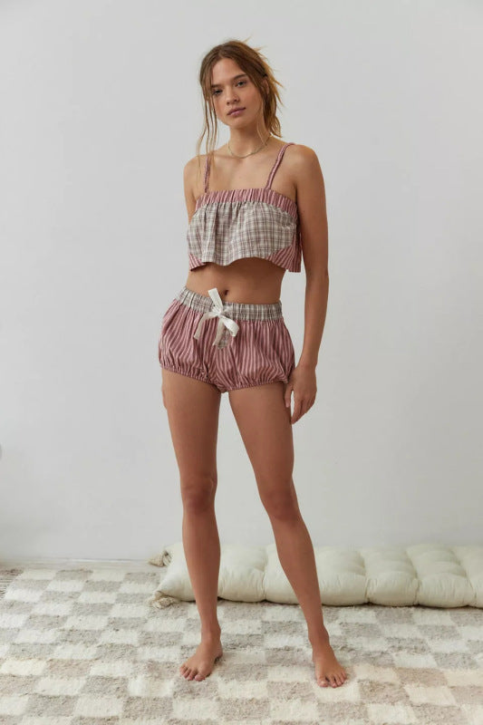 Summer Plaid Lounge Pajamas with Crop Top & Shorts