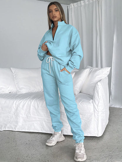 Jogging Outfit-Sporty Lounge Wear Cozy Sweatpants and Zip-Up Sweatshirt Pair-Pekosa Women Clothing