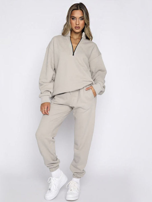 Jogging Outfit-Sporty Lounge Wear Cozy Sweatpants and Zip-Up Sweatshirt Pair-Pekosa Women Clothing