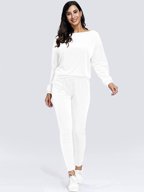 Jogging Set- Velour Jogging Couture Lounge Set with Sweatpants and Sweatshirt- White- IndioGear Clothing and Gear