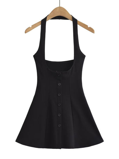 Jumper Dresses- Solid A-Line Button-Up Halter Jumper Dress in Cotton Blend- Black- IndioGear Fashion and Gear