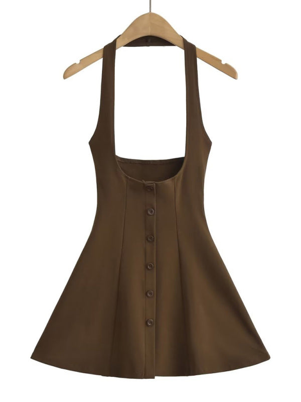 Jumper Dresses- Solid A-Line Button-Up Halter Jumper Dress in Cotton Blend- Dark Brown- IndioGear Fashion and Gear