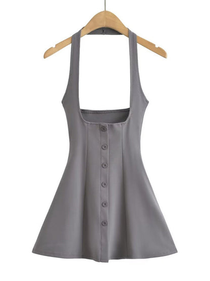 Jumper Dresses- Solid A-Line Button-Up Halter Jumper Dress in Cotton Blend- Grey- IndioGear Fashion and Gear