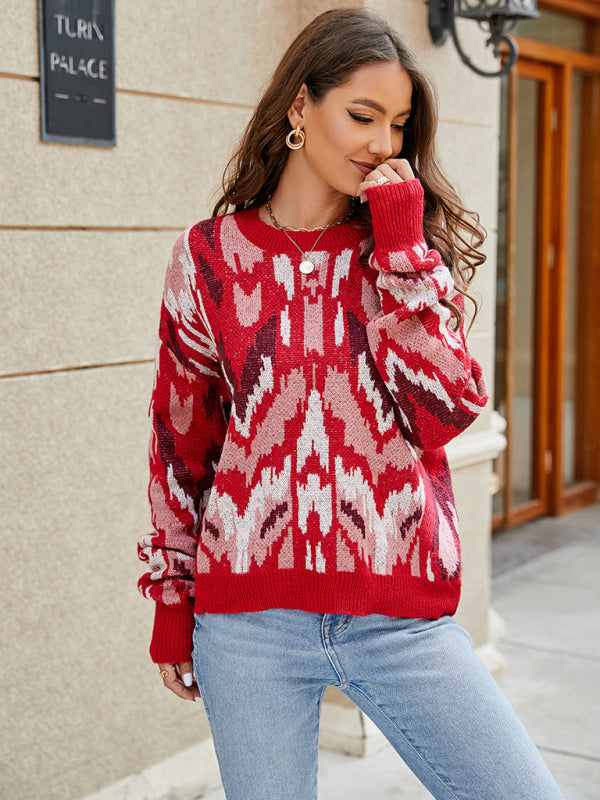 Jumpers-Jacquard Knit Red Print Sweater Jumper for Cold Days-Pekosa Women Clothing