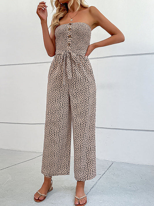 Jumpsuit- Animal Print Tube Jumpsuit - Belted Pantsuits- Cracker khaki- IndioGear Fashion and Gear