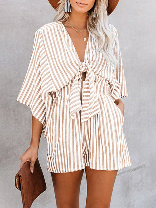 Jumpsuit- Be Bold, Be Confident: Make a Statement in Our Striped Romper Playsuit- Khaki- IndioGear Fashion and Gear