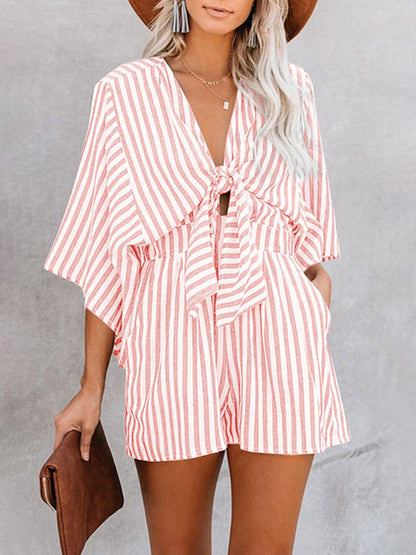 Jumpsuit- Be Bold, Be Confident: Make a Statement in Our Striped Romper Playsuit- Pink- IndioGear Fashion and Gear