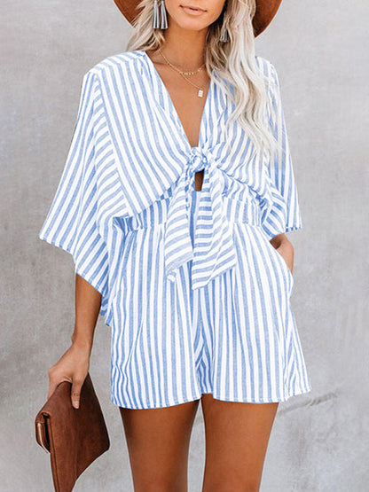 Jumpsuit- Be Bold, Be Confident: Make a Statement in Our Striped Romper Playsuit- Clear blue- IndioGear Fashion and Gear