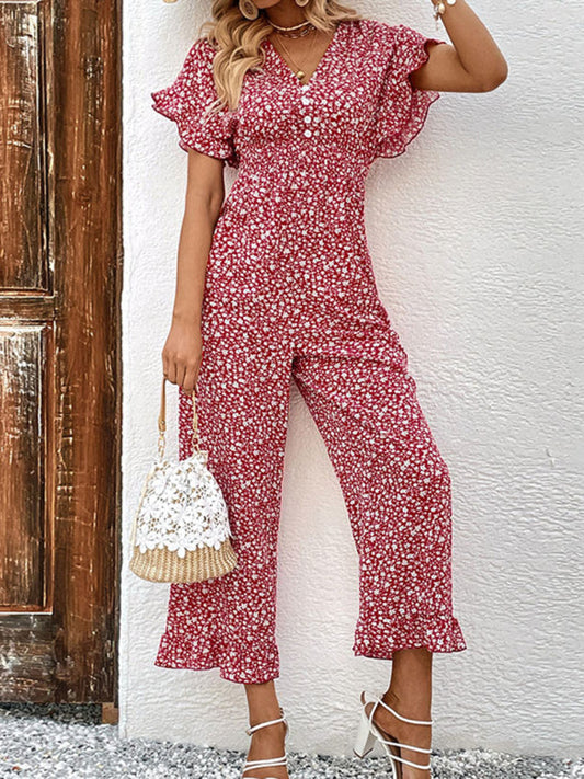 Jumpsuit- Boho Floral Batwing Sleeves Backless Jumpsuit Pantsuits- Red- IndioGear Fashion and Gear