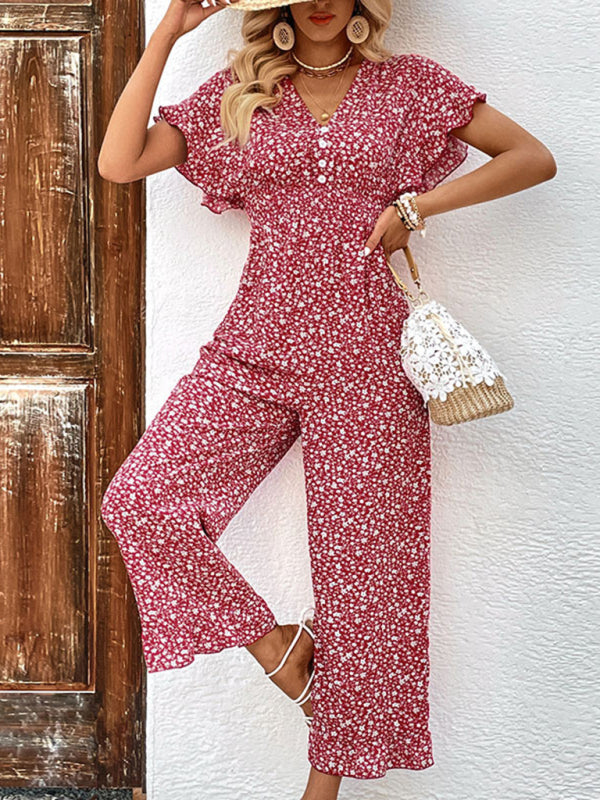 Jumpsuit- Boho Floral Batwing Sleeves Backless Jumpsuit Pantsuits- - IndioGear Fashion and Gear