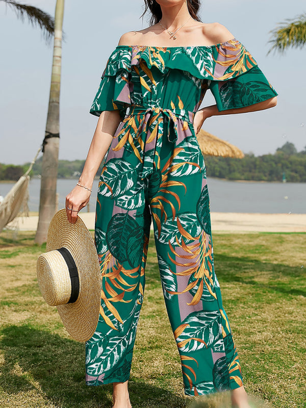 Jumpsuit- Boho Floral Off Shoulder Jumpsuit- - IndioGear Fashion and Gear