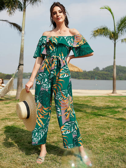 Jumpsuit- Boho Floral Off Shoulder Jumpsuit- Green- IndioGear Fashion and Gear