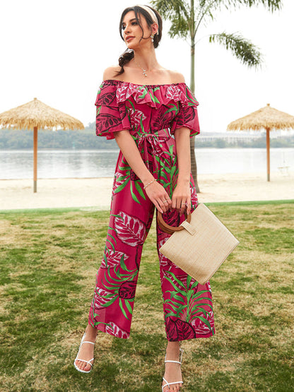 Jumpsuit- Boho Floral Off Shoulder Jumpsuit- Red- IndioGear Fashion and Gear