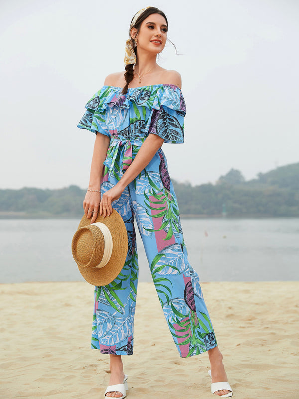 Jumpsuit- Boho Floral Off Shoulder Jumpsuit- Blue- IndioGear Fashion and Gear