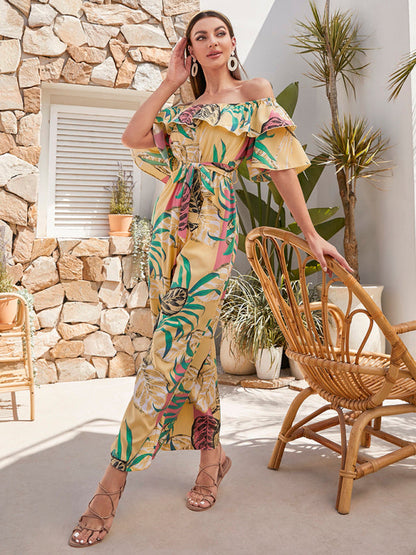 Jumpsuit- Boho Floral Off Shoulder Jumpsuit- Khaki- IndioGear Fashion and Gear