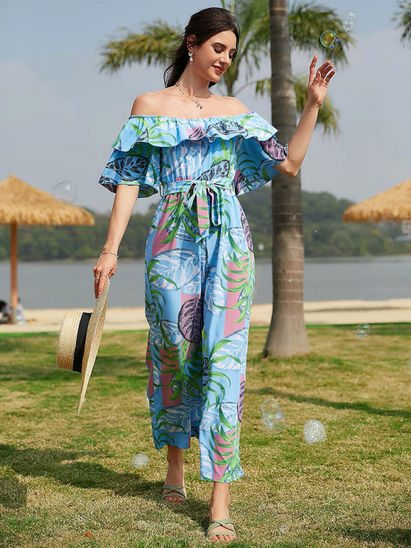 Jumpsuit- Boho Floral Off Shoulder Jumpsuit- - IndioGear Fashion and Gear