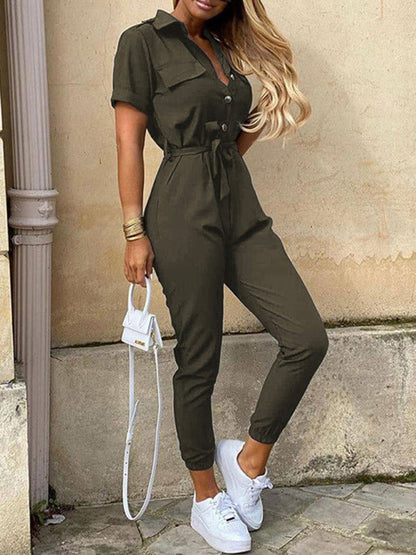 Jumpsuit- Casual Jumpsuit for Women | Shirt Pantsuit with Short Sleeves- Olive green- IndioGear Fashion and Gear