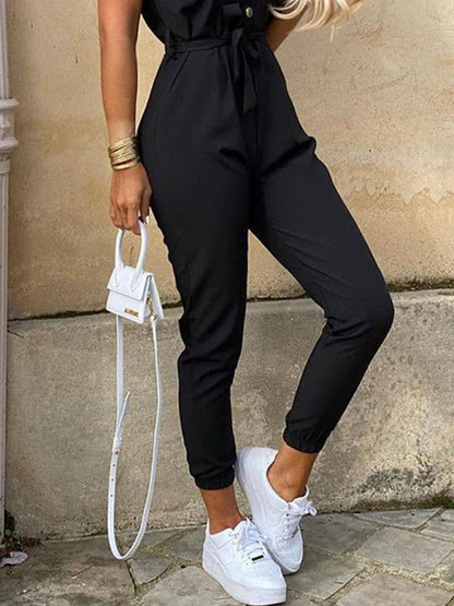 Jumpsuit- Casual Jumpsuit for Women | Shirt Pantsuit with Short Sleeves- - IndioGear Fashion and Gear