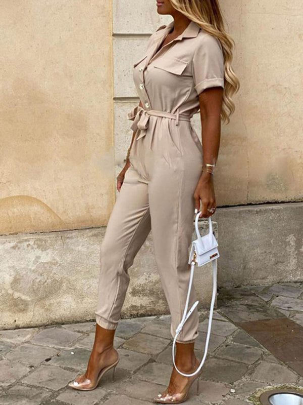 Jumpsuit- Casual Jumpsuit for Women | Shirt Pantsuit with Short Sleeves- - IndioGear Fashion and Gear