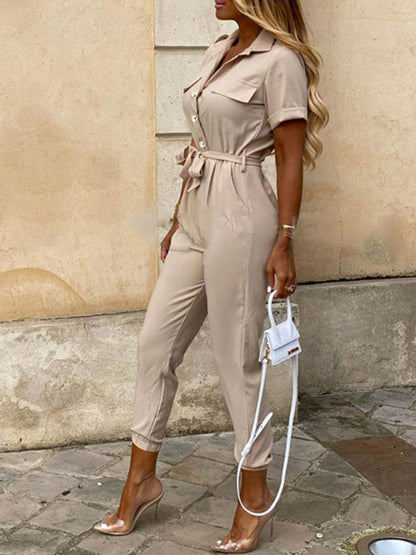 Jumpsuit- Casual Jumpsuit for Women | Shirt Pantsuit with Short Sleeves- - IndioGear Fashion and Gear