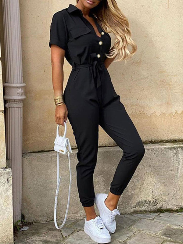 Jumpsuit- Casual Jumpsuit for Women | Shirt Pantsuit with Short Sleeves- - IndioGear Fashion and Gear