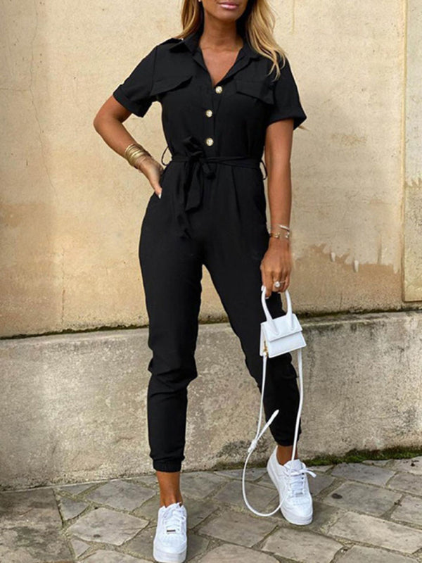 Jumpsuit- Casual Jumpsuit for Women | Shirt Pantsuit with Short Sleeves- - IndioGear Fashion and Gear